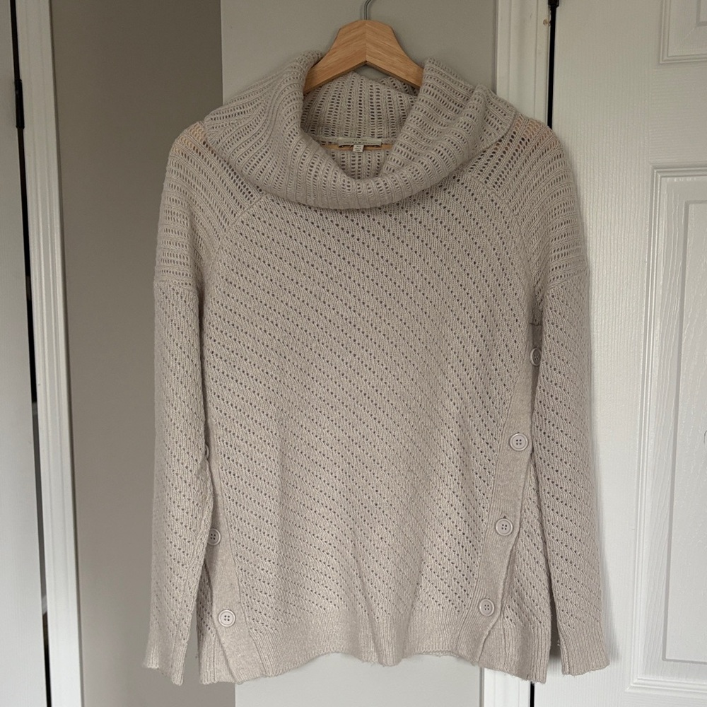 Lucky Brand Beige Cowl Neck Oversized Sweater with Button Accents